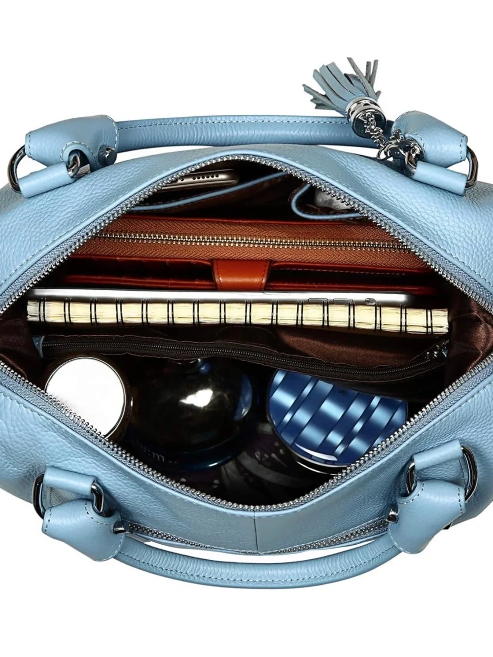Light Blue Leather Satchel Handbag with Tassel